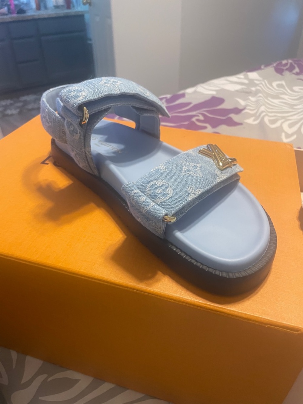 Louis Vuitton Sunset Flat Blue Monogram Denim Sandals with Gold Accent - Picture 3 of 5